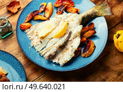 Fish pike perch roasted with quince and apple. Delicious diet fish, seasonal recipe. Стоковое фото, агентство Ingram Publishing / Фотобанк Лори
