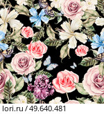 Water color pattern with flowers rose, iris and hibiscus Illustration. Water color pattern with flowers rose, iris and hibiscus. Стоковое фото, агентство Ingram Publishing / Фотобанк Лори
