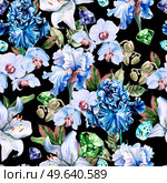 Pattern with watercolor realistic orchids and iris.  Illustration.. Pattern with watercolor realistic orchids and iris. Стоковое фото, агентство Ingram Publishing / Фотобанк Лори
