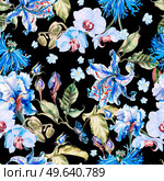 Watercolor pattern with poppy flowers, orchid, iris, lily and rose. Illustrations.. Watercolor pattern with poppy flowers, orchid, iris, lily and rose. Стоковое фото, агентство Ingram Publishing / Фотобанк Лори