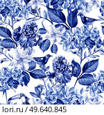 Colorful watercolor pattern with flowers hydrangeas , alstroemeria, irises and birds . Illustration. Colorful watercolor pattern with flowers hydrangeas , alstroemeria, irises and birds . . Стоковое фото, агентство Ingram Publishing / Фотобанк Лори