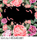 Beautiful watercolor card with peony flowers, roses. Illustration. Стоковое фото, агентство Ingram Publishing / Фотобанк Лори