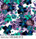 Watercolor pattern with alstroemeria, lilies , succulents. Berries of raspberry and gooseberry . Hand drawn. Стоковое фото, агентство Ingram Publishing / Фотобанк Лори