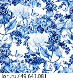 Watercolor colorful pattern with magnolia flowers, iris, hydrangea, anemone and currant berries. Illustrations. Watercolor colorful pattern with magnolia flowers, iris, hydrangea, anemone and currant berries. . Стоковое фото, агентство Ingram Publishing / Фотобанк Лори