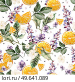 Colorful watercolor pattern with lavender flowers, anemones, and orange fruits. Illustrations.. Colorful watercolor pattern with lavender flowers, anemones, and orange fruits. Стоковое фото, агентство Ingram Publishing / Фотобанк Лори