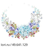 Beautiful watercolor wreath with eucalyptus branches and hydrangea flowers, eustomiya, wildflowers, saskatoon berries.  Illustrations.. Beautiful watercolor wreath with eucalyptus branches and hydrangea flowers, eustomiya, wildflowers, saskatoon berries. . Стоковое фото, агентство Ingram Publishing / Фотобанк Лори