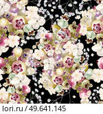 Beautiful watercolor pattern with hydrangea, wildflowers and berries saskatoon. Illustrations.. Beautiful watercolor pattern with hydrangea, wildflowers and berries saskatoon. . Стоковое фото, агентство Ingram Publishing / Фотобанк Лори