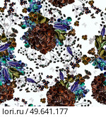 Beautiful watercolor pattern with eucalyptus branches and hydrangea flowers, eustomiya, wildflowers, saskatoon berries.  Illustrations.. Beautiful watercolor pattern with eucalyptus branches and hydrangea flowers, eustomiya, wildflowers, saskatoon berries. Стоковое фото, агентство Ingram Publishing / Фотобанк Лори