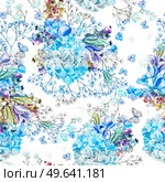 Beautiful watercolor pattern with eucalyptus branches and hydrangea flowers, eustomiya, wildflowers, saskatoon berries.  Illustrations.. Beautiful watercolor pattern with eucalyptus branches and hydrangea flowers, eustomiya, wildflowers, saskatoon berries. Стоковое фото, агентство Ingram Publishing / Фотобанк Лори