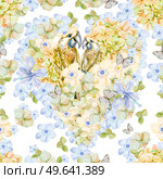 Watercolor pattern with flowers hydrangeas and parrots. Illustration. Watercolor pattern with flowers hydrangeas and parrots. . Стоковое фото, агентство Ingram Publishing / Фотобанк Лори