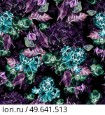 Bright watercolor seamless pattern with flowers roses, irises, anemones and hydrangea. Illustration. Bright watercolor seamless pattern with flowers iris, anemones and hydrangea. . Стоковое фото, агентство Ingram Publishing / Фотобанк Лори