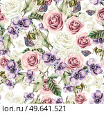 Bright watercolor seamless pattern with flowers  roses, anemones and hydrangea. Illustration. Bright watercolor seamless pattern with flowers  roses, anemones and hydrangea. . Стоковое фото, агентство Ingram Publishing / Фотобанк Лори