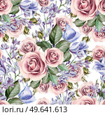 Bright watercolor seamless pattern with flowers eustoma, roses and lilacs. . Bright watercolor seamless pattern with flowers eustoma, roses and lilacs. illustrations. Стоковое фото, агентство Ingram Publishing / Фотобанк Лори