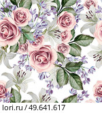 Bright watercolor seamless pattern with flowers lilies, roses and lilacs. illustrations. Bright watercolor seamless pattern with flowers lilies, roses and lilacs. . Стоковое фото, агентство Ingram Publishing / Фотобанк Лори