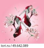 Creative fashion levitation of red high heels with flying flowers and petals at pink background. Fashion concept with fancy modern shoes. Fashionable women footwear. Front view. Стоковое фото, агентство Ingram Publishing / Фотобанк Лори