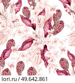 Watercolor wedding pink tropical seamless pattern with Exotic flowers, orchid, protea, parrot and palm leaves. Illustration. Watercolor wedding pink tropical seamless pattern with Exotic flowers, orchid, protea, parrot and palm leaves. . Стоковое фото, агентство Ingram Publishing / Фотобанк Лори