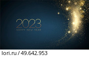 2023 Happy New year with Abstract shiny color gold swirl design element and glitter effect on dark background. Round frame For Calendar, poster design. 2023 New Year Abstract shiny color gold wave design element. Стоковая иллюстрация, агентство Ingram Publishing / Фотобанк Лори