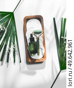 Cosmetic concept with jade massage roller and facial serum in green glass bottle at white background with tropical palm leaves. Healthy skin care with natural moisturizer. Top view with copy space. Стоковое фото, агентство Ingram Publishing / Фотобанк Лори