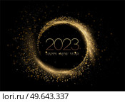 2023 Happy New year with Abstract shiny color gold swirl design element and glitter effect on dark background. Round frame For Calendar, poster design. 2023 New Year Abstract shiny color gold wave design element. Стоковая иллюстрация, агентство Ingram Publishing / Фотобанк Лори