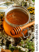 fresh natual  honey in glass jar with wooden  honey spoon around herb flowers. Стоковое фото, агентство Ingram Publishing / Фотобанк Лори