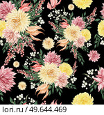 Watercolor seamless pattern with autumn flowers chrysanthemums, berries and leaves. Illustration. Watercolor seamless pattern with autumn flowers chrysanthemums, berries and leaves. . Стоковое фото, агентство Ingram Publishing / Фотобанк Лори