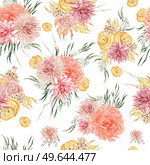Watercolor seamless pattern with autumn flowers chrysanthemums, ranunculus, berries and leaves. Illustration. Watercolor seamless pattern with autumn flowers chrysanthemums, ranunculus, berries and leaves. . Стоковое фото, агентство Ingram Publishing / Фотобанк Лори