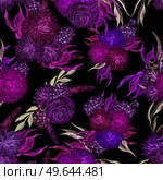 Watercolor seamless pattern with autumn flowers chrysanthemums, ranunculus, berries and leaves. Illustration. Watercolor seamless pattern with autumn flowers chrysanthemums, ranunculus, berries and leaves. . Стоковое фото, агентство Ingram Publishing / Фотобанк Лори
