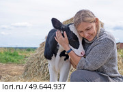 pretty black-white new born calf posing with farmer. close up . Стоковое фото, агентство Ingram Publishing / Фотобанк Лори