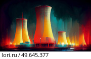 Nuclear plant illuminated in night illustration, nuclear energie industry concept. Nuclear plant illustration. Стоковое фото, агентство Ingram Publishing / Фотобанк Лори