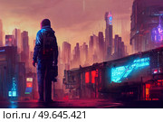 City in virtual reality, one man or woman walking cyberpunk city street in neon lights. City in virtual reality. Стоковое фото, агентство Ingram Publishing / Фотобанк Лори