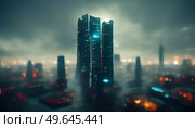 City in virtual reality, aerial view of cyberpunk city under gray storm clouds. City in virtual reality. Стоковое фото, агентство Ingram Publishing / Фотобанк Лори