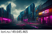 City in virtual reality, cyberpunk city street in neon lights, 3D illustration. City in virtual reality. Стоковое фото, агентство Ingram Publishing / Фотобанк Лори