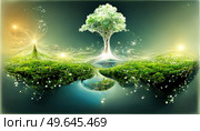 green planet concept - green tree with power lines, lights and sunshine around, 3D illustration. green planet concept. Стоковое фото, агентство Ingram Publishing / Фотобанк Лори