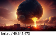 Nuclear bomb explosion, mushroom cloud over cityscape, 3D illustration. Nuclear bomb explosion. Стоковое фото, агентство Ingram Publishing / Фотобанк Лори