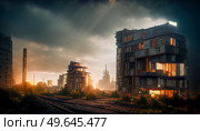 Destroyed in war post-apocalyptic city background. Destroyed city background. Стоковое фото, агентство Ingram Publishing / Фотобанк Лори