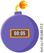 Lilac bomb with timer on and fire burns on wick isolated on white background vector illustration. Danger symbol, round dynamite. Detonating hazard charge. Explosive attack weapon with time board. Lilac bomb with timer on and fire burns on wick isolated on white background vector illustration. Стоковая иллюстрация, агентство Ingram Publishing / Фотобанк Лори