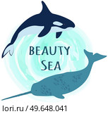 Large predatory marine mammals, whale, narwhal. Predatory animals living in ocean swimming around inscription. Wild animals, ocean mammals. Killer whale and narwhal in sea vector illustration. Predatory animals living in ocean swimming around inscription. Killer whale and narwhal in sea. Стоковая иллюстрация, агентство Ingram Publishing / Фотобанк Лори