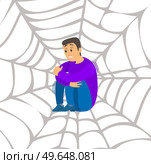 Fear of spider. Man frightened by spinner guy suffering from arachnophobia, human fear concept. Male character sitting on spider web on white background hugged his knees. afraid of insects and beetles. Fear of spider. Man frightened by spinner, guy suffering from arachnophobia, human fear concept. Стоковая иллюстрация, агентство Ingram Publishing / Фотобанк Лори