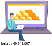 Online gold investment with gold bar and laptop and businessman sitting with laptop working on financial money platform. Gold price with pile of bars. Investor or financial analyst makes forecast. Online gold investment with gold bar and laptop and businessman sitting working with laptop. Стоковая иллюстрация, агентство Ingram Publishing / Фотобанк Лори
