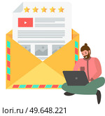 Man working with laptop on background of envelope with letter, paper with stars, video icon, text and pictures. Promotion participation. Attract customers, increase sales, luring consumers concept. Man working with laptop on background of envelope with letter, paper with stars, video icon. Стоковая иллюстрация, агентство Ingram Publishing / Фотобанк Лори