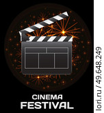 Cinema festival banner with film clapper board on black background. Art and entertainment. Empty board with stripes, black glossy cinema object, equipment for making video production, film industry. Cinema festival banner with film clapper board on black background. Art and entertainment. Стоковая иллюстрация, агентство Ingram Publishing / Фотобанк Лори