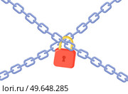 Lock with chain isolated vector illustration. Concept of protection. Security design, private territory symbol, stop sign. Warning and safety equipment protects against penetration of strangers. Lock with chain isolated vector. Concept of protection. Security design, private territory. Стоковая иллюстрация, агентство Ingram Publishing / Фотобанк Лори