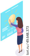 Idea symbol in form of lightbulb on poster. Workflow to create business idea. Employee near invention light bulb as sign of new project development. Woman working with new idea startup planning. Idea symbol in form of lightbulb on poster. Woman working with new startup, project development. Стоковая иллюстрация, агентство Ingram Publishing / Фотобанк Лори
