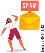 Fear of spam email warning window. Concept of virus, piracy, hacking and security. Woman receiving email with spam is terrified. Protection anti-malware software. Mailing of advertising correspondence. Woman receiving email with spam is terrified. Fear of mailing of advertising correspondence. Стоковая иллюстрация, агентство Ingram Publishing / Фотобанк Лори