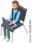 Man sitting on chair and browsing or working on laptop at his laps. Male character types on keyboard with computer, works remotely, looks at screen Person is freelancing on laptop, online work. Male character on chair is typing on keyboard with computer, working remotely, freelancing. Стоковая иллюстрация, агентство Ingram Publishing / Фотобанк Лори