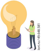 Female characters develop creative business idea. Stand near big light bulb as idea of new project or company. Business women examine new invention and come up with startup. Female characters develop creative business idea. Stand near big light bulb. Стоковая иллюстрация, агентство Ingram Publishing / Фотобанк Лори