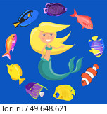 Mermaid with group of colored fish and swims in blue water. Cartoon nautical characters fingerling set. Sea dweller. Wild nature of mediterranean sea. Underwater life of creature, small fish and nixie. Mermaid with group of colored fish and swims in blue water. Cartoon nautical characters fingerling set. Стоковая иллюстрация, агентство Ingram Publishing / Фотобанк Лори
