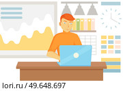 Working male character employee in office sitting at table with computer typing on keyboard communicating. Man freelancer sitting at home with laptop. Young clerk at desk with tablet pc doing his work. Working male character employee in office sitting at table with computer typing on keyboard. Стоковая иллюстрация, агентство Ingram Publishing / Фотобанк Лори