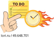 Burning clock and to do list deadline concept with pointing hand. Few minutes left until end of term. Clock shows remaining time to deal with deadlines. Watch with arrows burning on fire. Lack of time. Burning clock and to do list deadline concept with pointing hand. Few minutes left until end of term. Стоковая иллюстрация, агентство Ingram Publishing / Фотобанк Лори