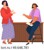 Young women are talking together. People communicating, having conversation. Positive communication of friends. Dialogue, conversation between ladies. Female characters talking and gesturing. Women talking together. People communicating, having conversation. Positive communication of friends. Стоковая иллюстрация, агентство Ingram Publishing / Фотобанк Лори